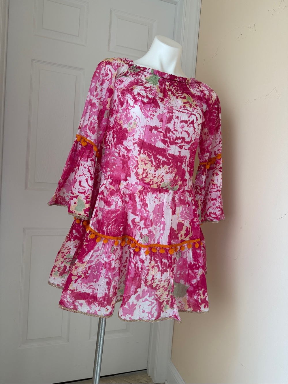 Bright Pink Floral Off-Shoulder Swim Coverup with Pom Trim